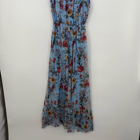Le Ragazze Tiered Floral Airy Silk Sleeveless Midi Maxi Dress Floral Blue L - Picture 7 of 10
